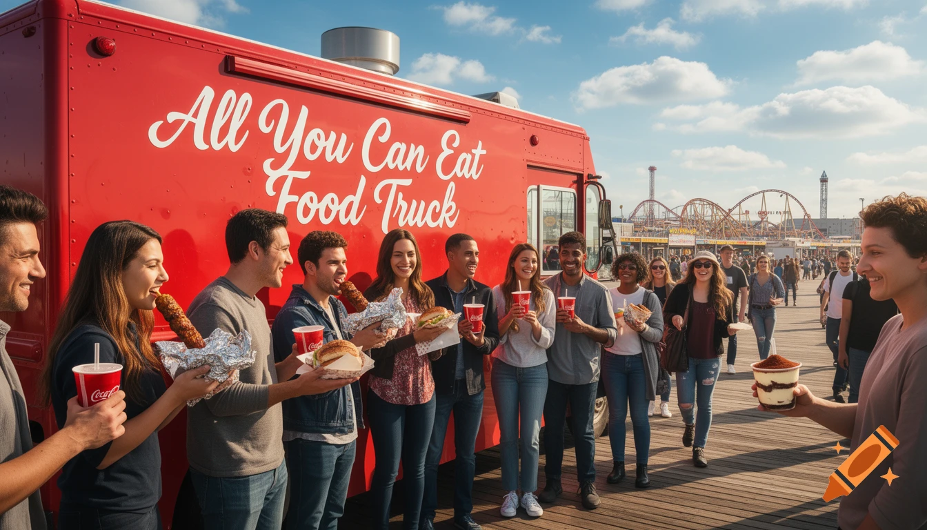 Diverse people eat street food and drink soda in front of a red food truck with an amusement park in the background.