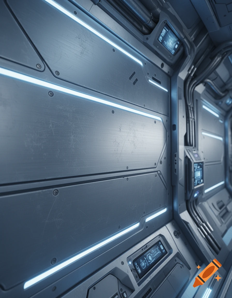 A detailed view of a futuristic spaceship corridor with metallic panels and bright blue glowing light strips.