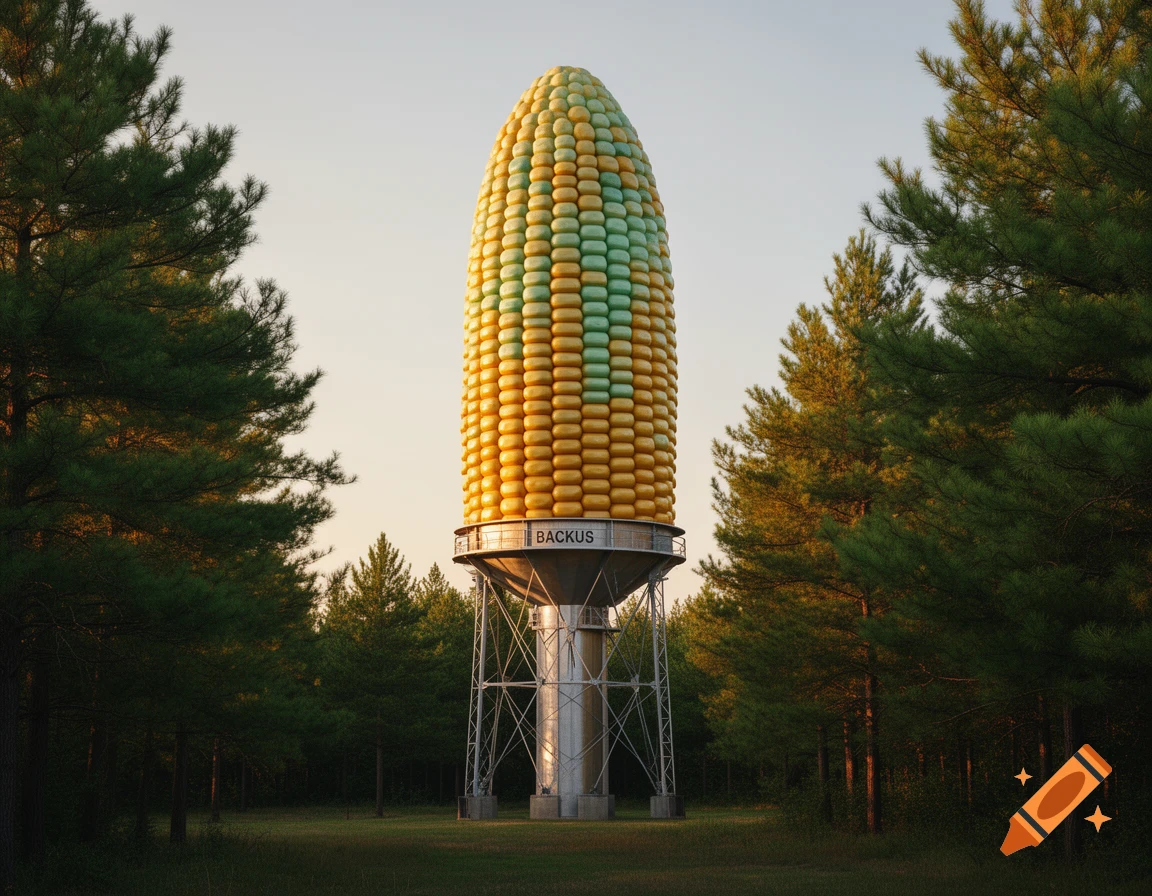 A giant corn cob-shaped water tower with the name 'BACKUS' on its base, surrounded by tall pine trees.