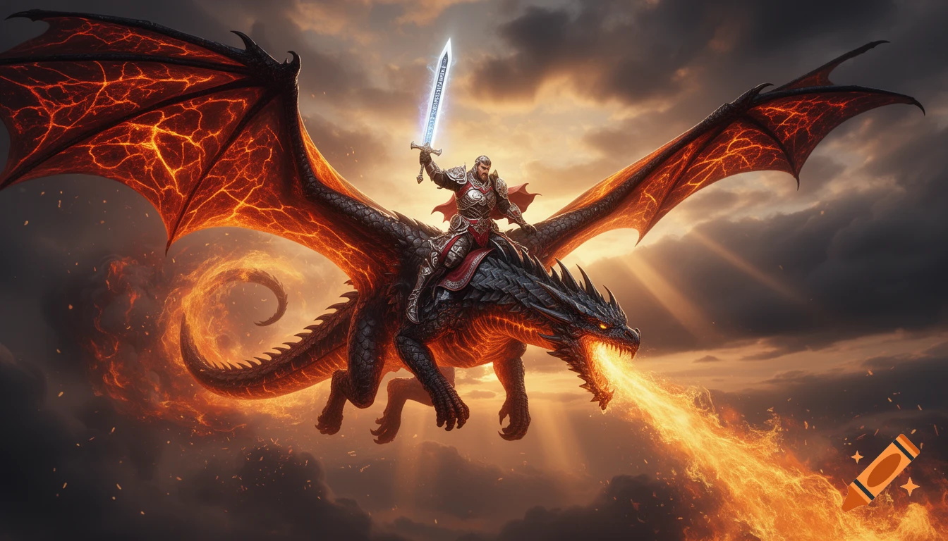 A majestic warrior in silver and crimson armor rides a fire-breathing black dragon with glowing orange wings through a stormy, fiery sky.