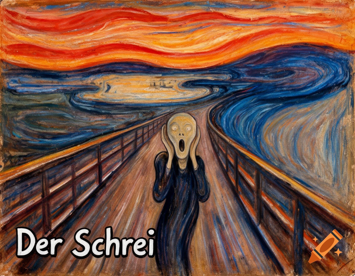 Stylized painting of Edvard Munch's The Scream with text 'Der Schrei'.