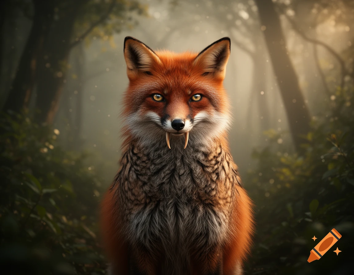 A photorealistic red fox-like creature with prominent tusks and glowing yellow owl eyes stares ahead in a misty, dark forest.