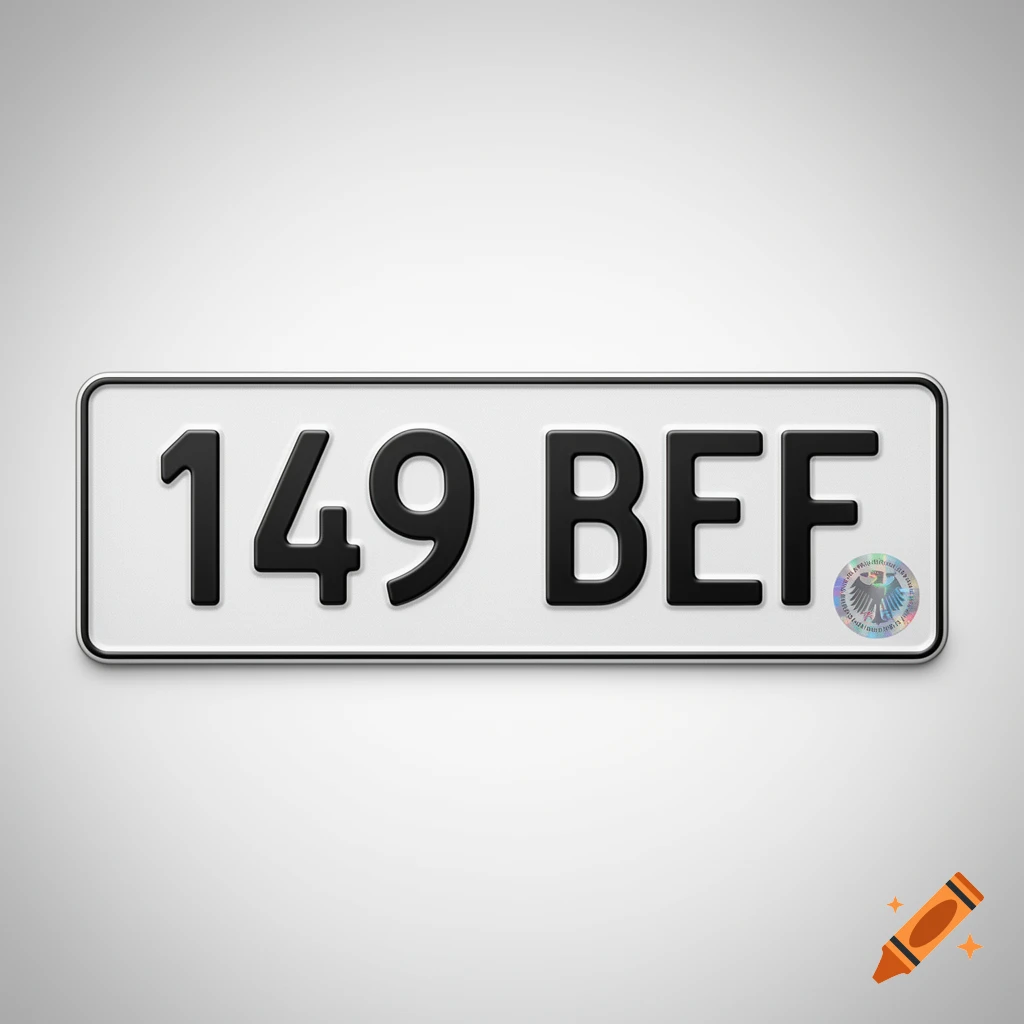 White German insurance license plate displaying '149 BEF' with a small, circular, holographic sticker on the right.