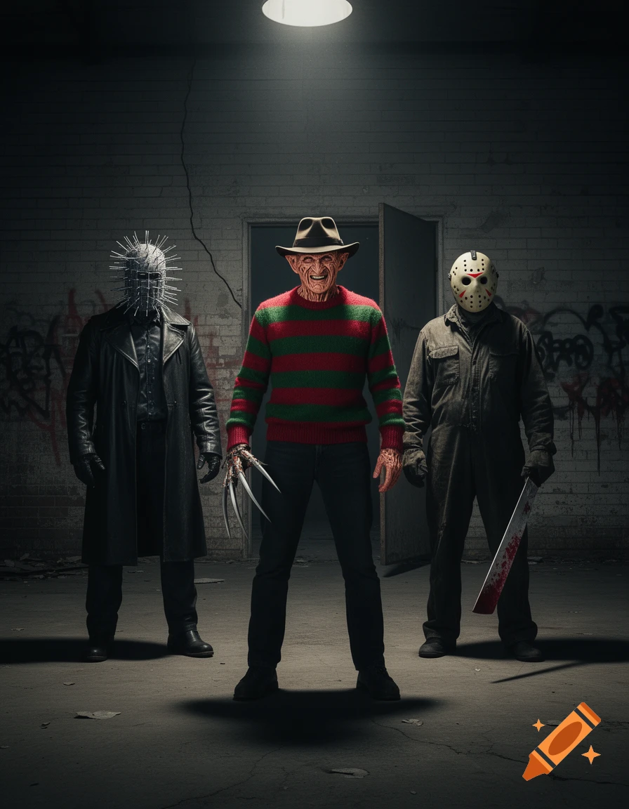 Three iconic horror movie characters, Pinhead, Freddy Krueger, and Jason Voorhees, stand in a dimly lit, grungy room.
