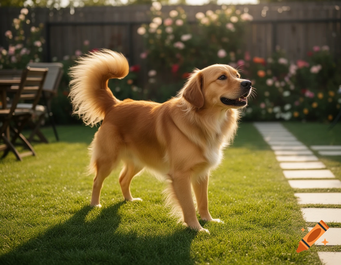 A photorealistic golden retriever stands in a sunny green backyard with a rose bush and stepping stones.
