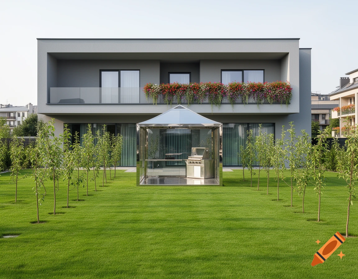 A modern gray two-story house with a flower-filled balcony, a lush green lawn with young trees, and a glass gazebo with a barbecue.