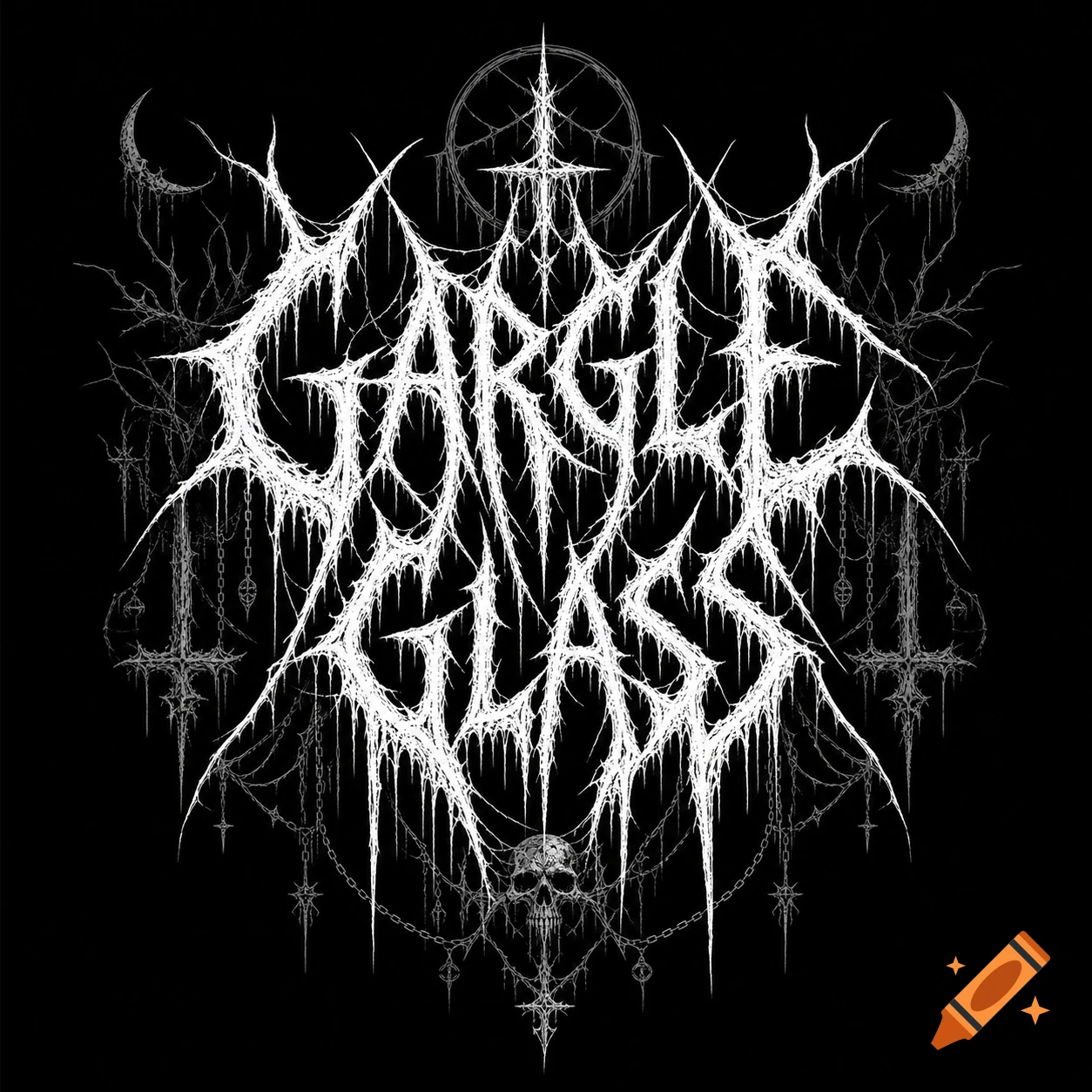 A black metal band logo with white, spiky, dripping letters spelling "GARGLE GLASS" amidst inverted crosses, a skull, and crescent moons on a black background.
