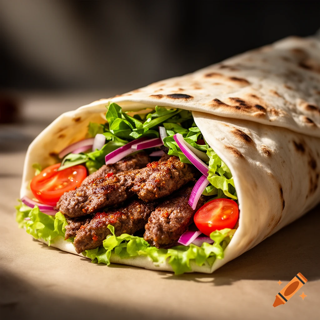 A photorealistic close-up of a Dürüm wrap filled with grilled kebab meat, fresh lettuce, red onions, and cherry tomatoes, brightly lit.