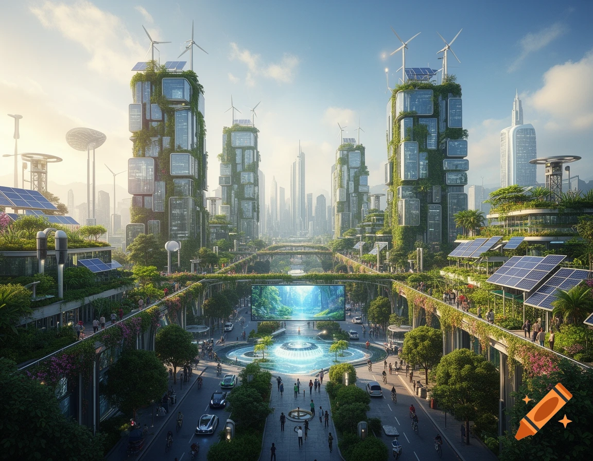 A vibrant, green futuristic city with skyscrapers covered in foliage, solar panels, and wind turbines under a clear sky.