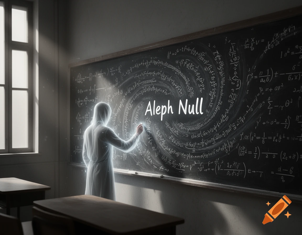 A ghostly figure stands in a dimly lit classroom, writing the words "Aleph Null" with glowing chalk on a blackboard covered in swirling mathematical equations. Light streams in from a window.