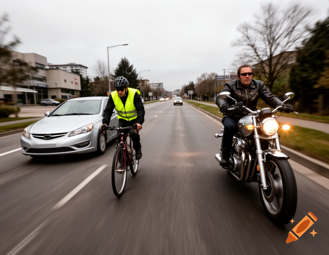 Photorealistic image of a silver car overtaking a cyclist, with a motorcyclist approaching, creating a tight traffic situation.
