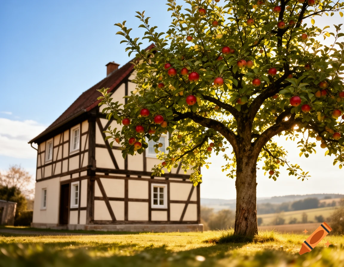 A charming half-timbered house next to an apple tree with red apples, bathed in golden sunlight, in a rural landscape.