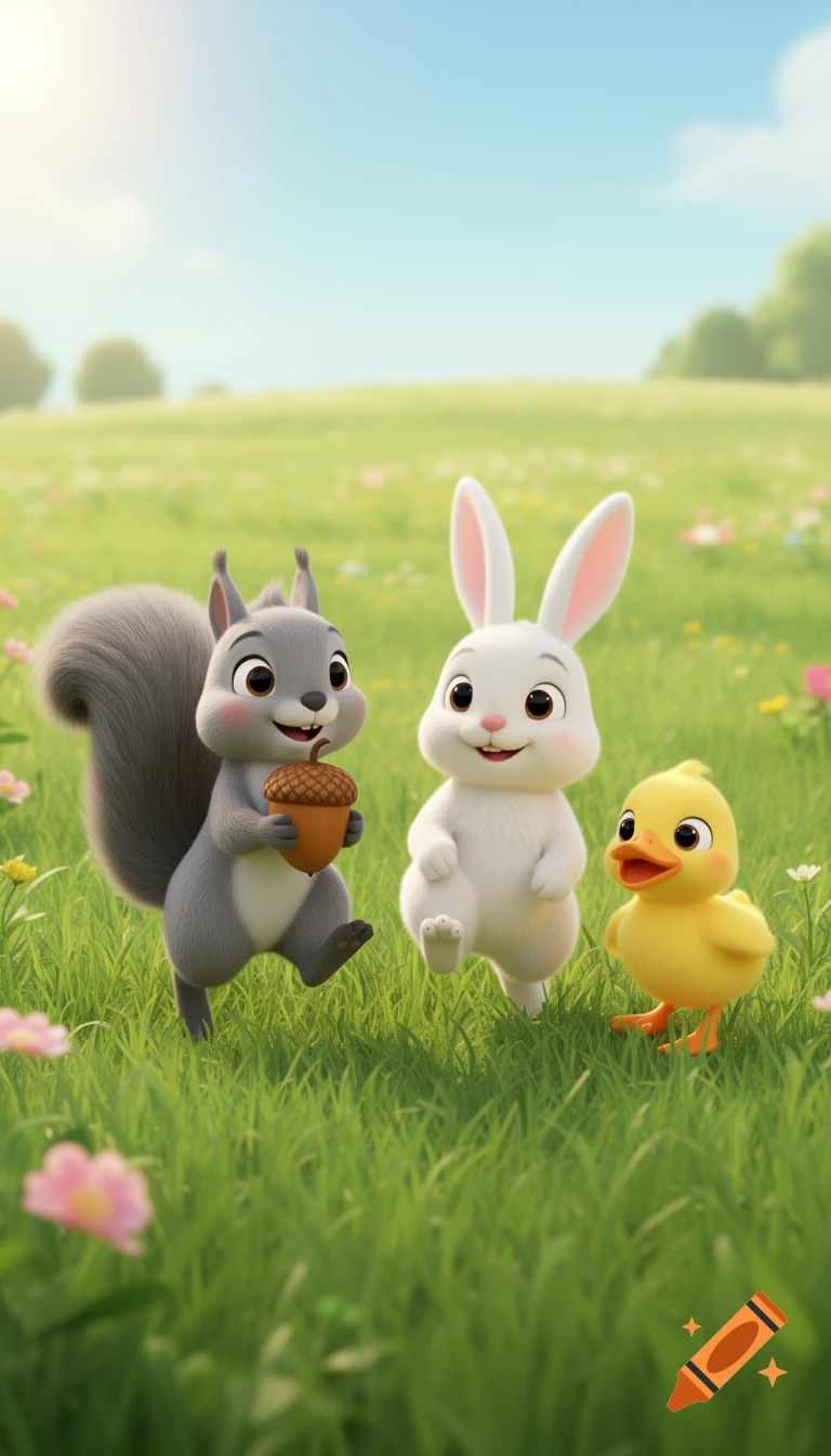 A cute cartoon squirrel holding an acorn, a white rabbit, and a yellow duckling stand in a sunny green meadow with flowers.