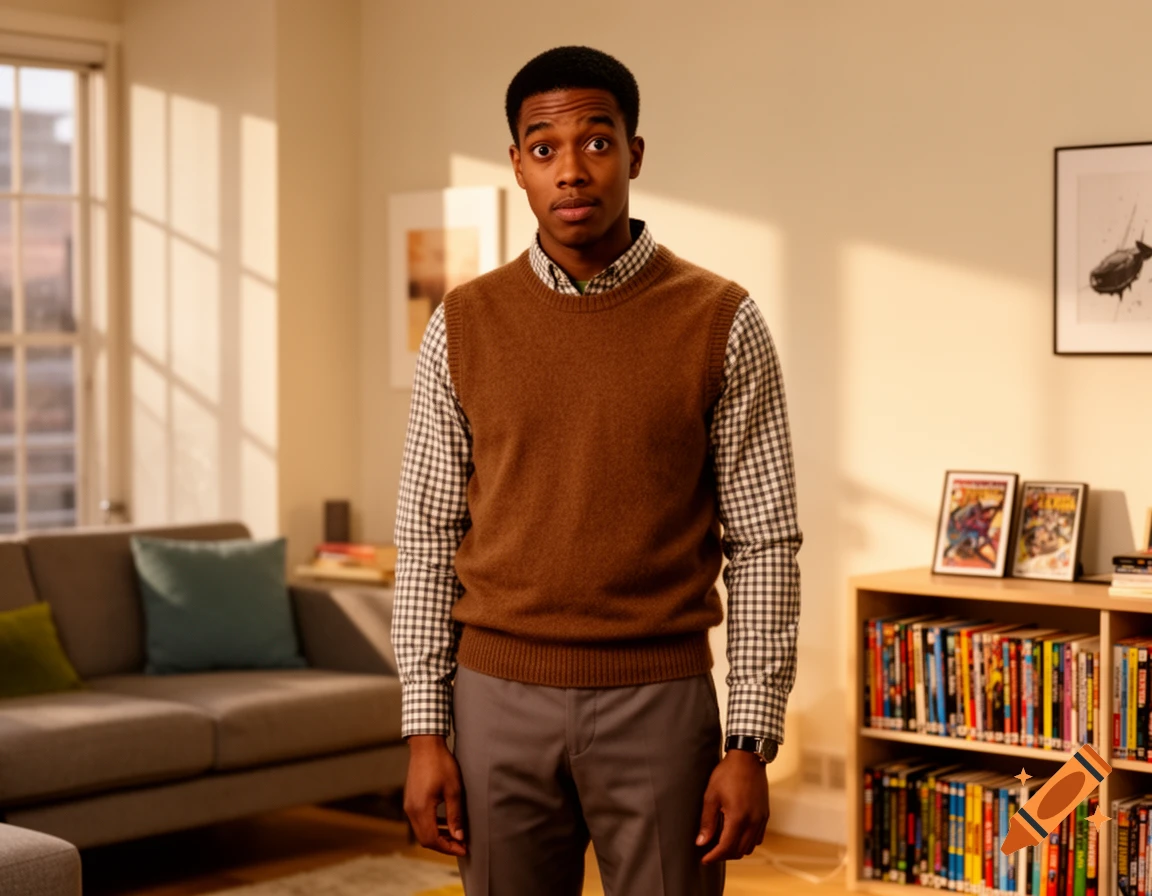 A young Black man with a surprised expression stands in a sunlit living room with a couch and bookshelf.