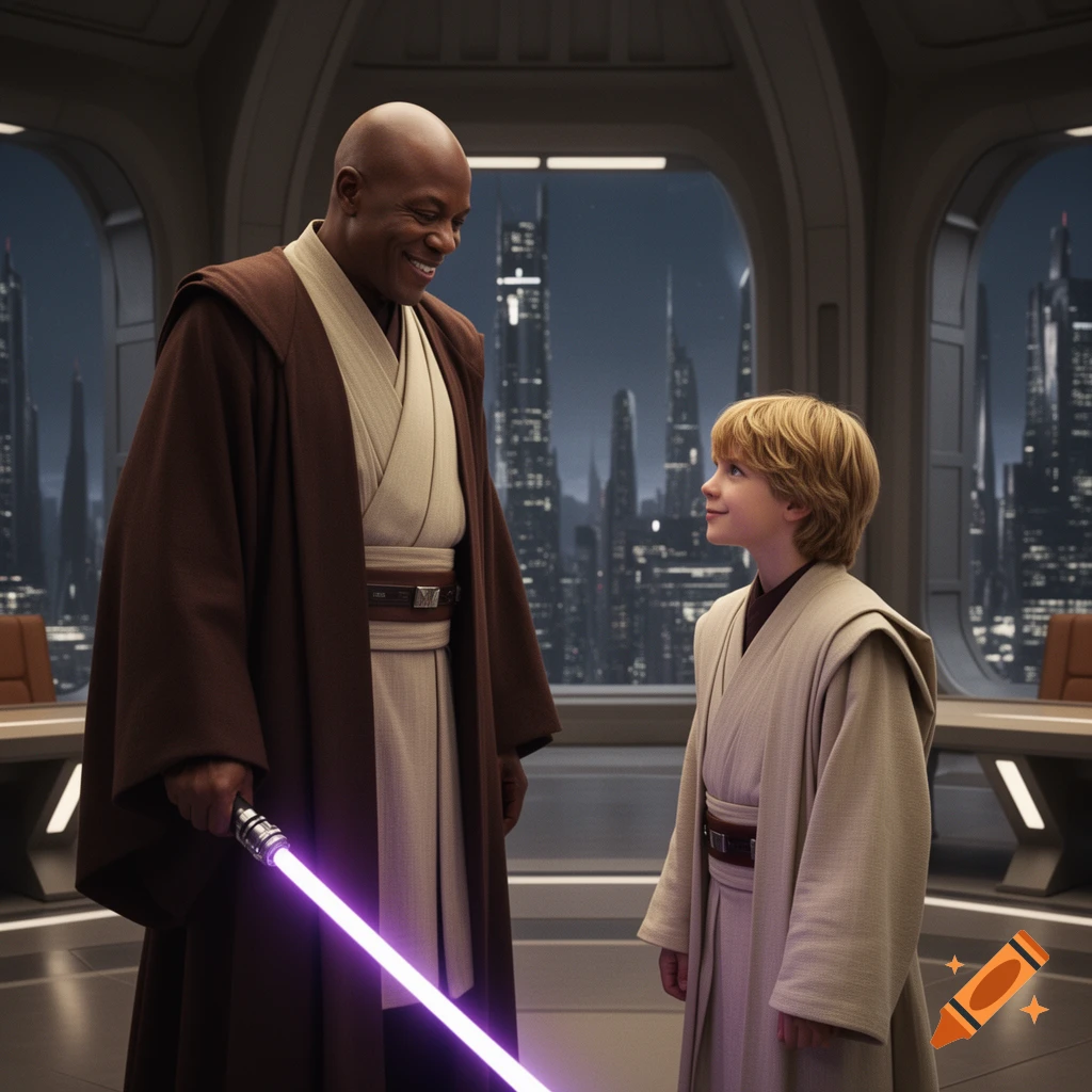 A smiling Black man in brown Jedi robes holds a purple lightsaber, looking down at a smiling blond boy in light Jedi robes within a futuristic city setting.