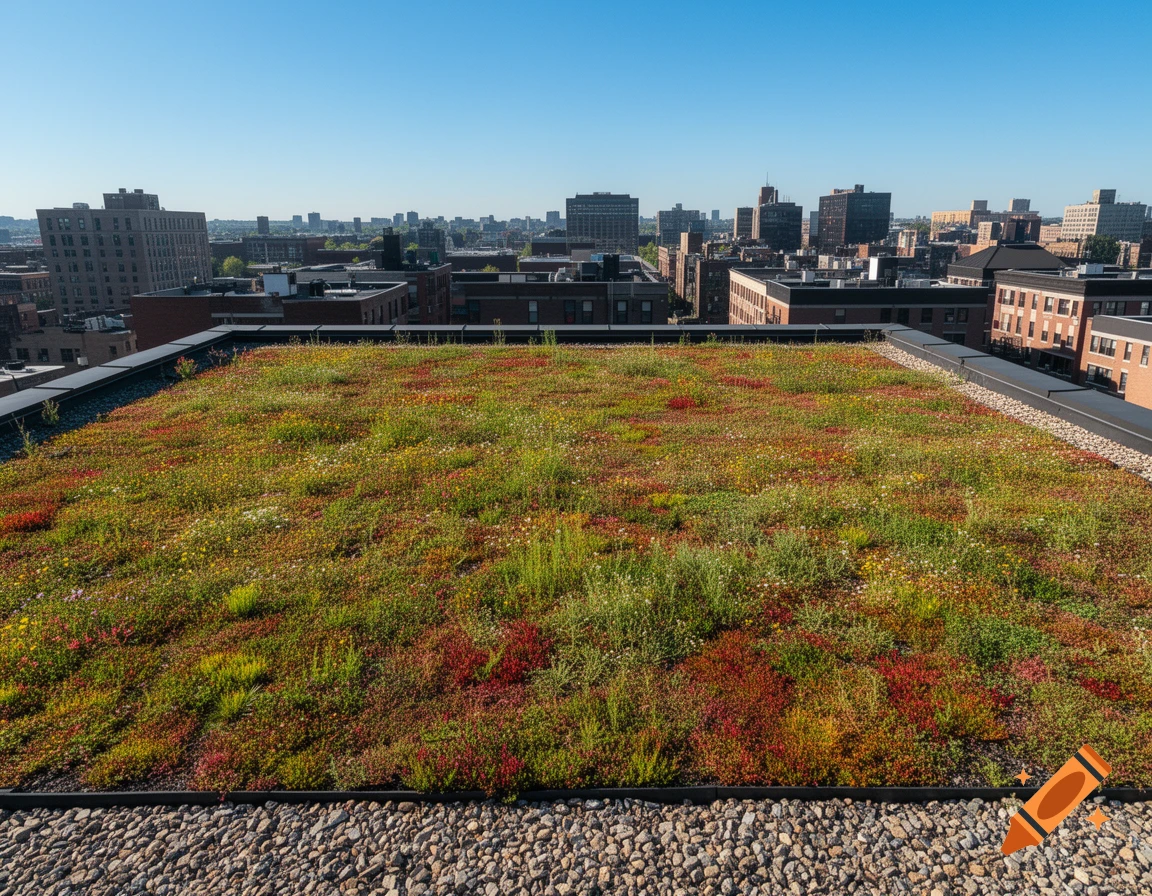 Photorealistic drone shot of an extensive green roof with colorful sedum and herbs overlooking a cityscape under a clear blue sky.