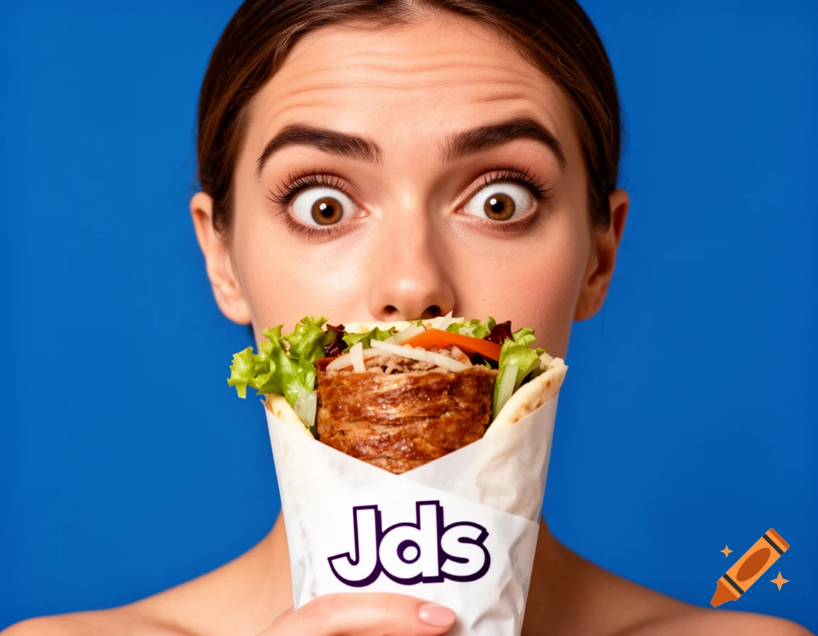 Close-up of a surprised woman holding a döner kebab wrapped in paper with 'Jd's' printed on it, against a blue background.