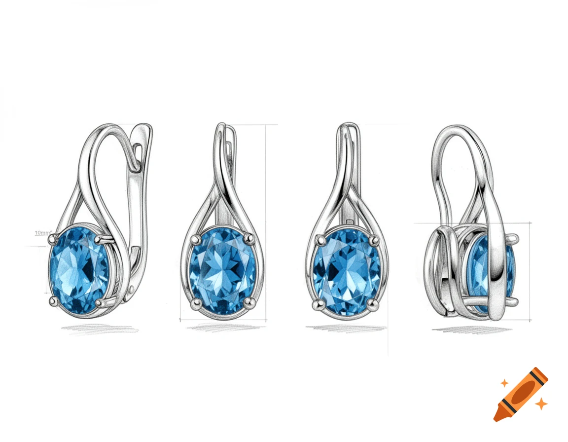 Technical sketch of four views of a silver earring with an oval blue topaz, showing design details and a 10mm dimension.