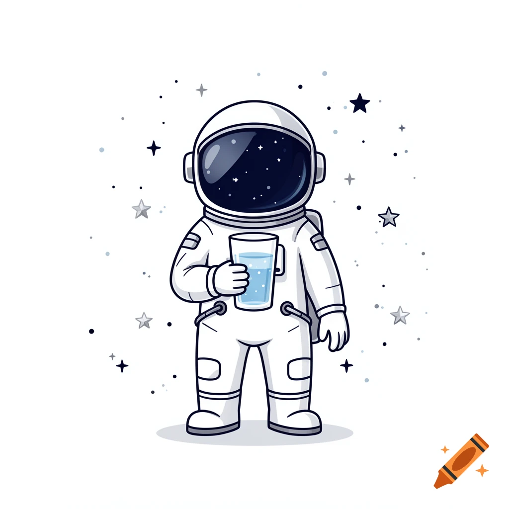 Cartoon astronaut in a white suit holding a glass of water, surrounded by stars on a white background.