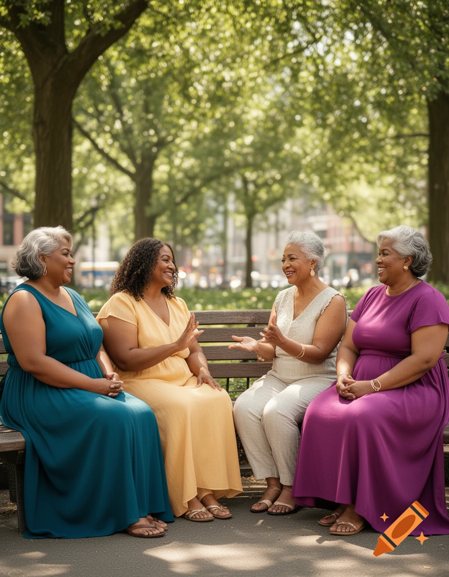 Four older, plus-size women with diverse skin tones, dressed in colorful dresses, sitting on a park bench and talking cheerfully.