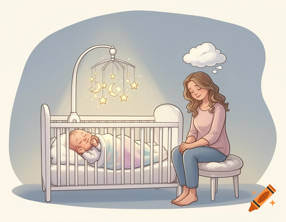 Cartoon of a baby sleeping in a crib with a stars and moons mobile, while a mother sits nearby with a thought bubble above her head.