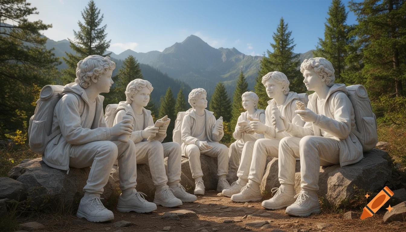 Six marble statues of teenage hikers wearing modern gear sit on rocks in a mountain forest, eating snacks and drinking from bottles.