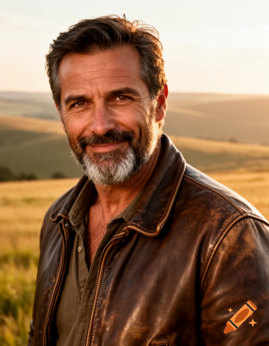 Photorealistic portrait of a smiling man with a gray beard and brown leather jacket in a sunny outdoor field.