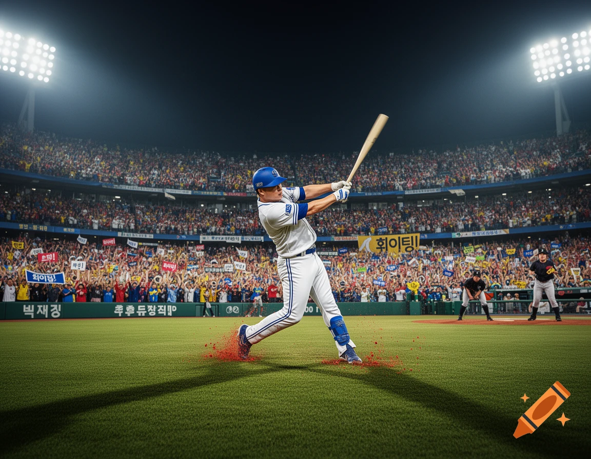 A photorealistic image of a baseball player in a blue helmet and white uniform swinging a bat in a brightly lit stadium filled with cheering fans.