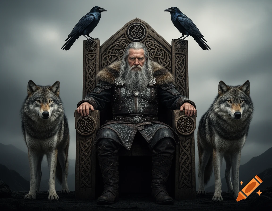 Odin, an old man with a long white beard, sits on an ornate throne, flanked by two wolves and two ravens under a stormy sky in a fantasy style.