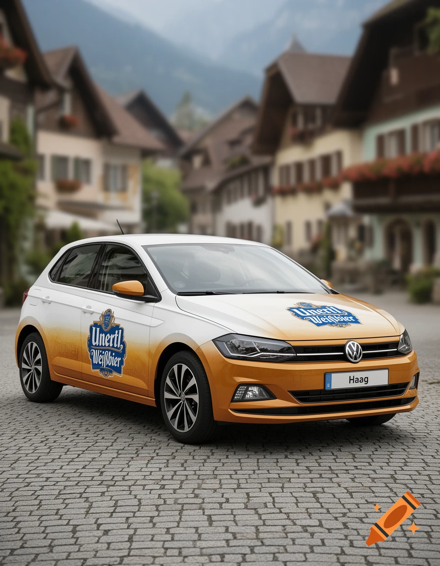 A white and orange Volkswagen Polo car with Unertl Wei bier branding and a Haag license plate, parked on a cobblestone street in a town.