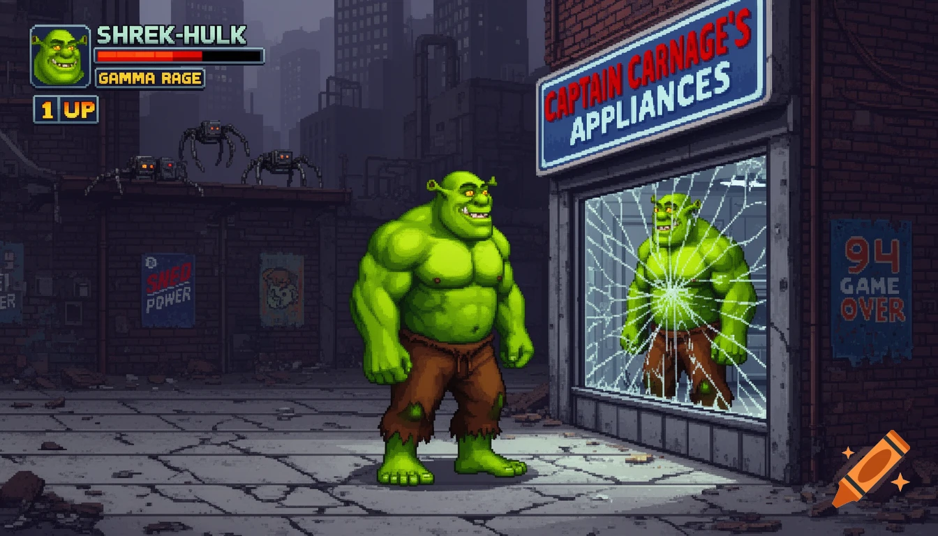 Pixel art of a muscular Shrek-Hulk in a side-scrolling video game, smashing a storefront window with his reflection. Game UI is visible.