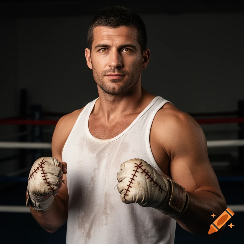 A photorealistic portrait of a male boxer in a white, sweat-stained tank top and boxing gloves, standing in a ring.