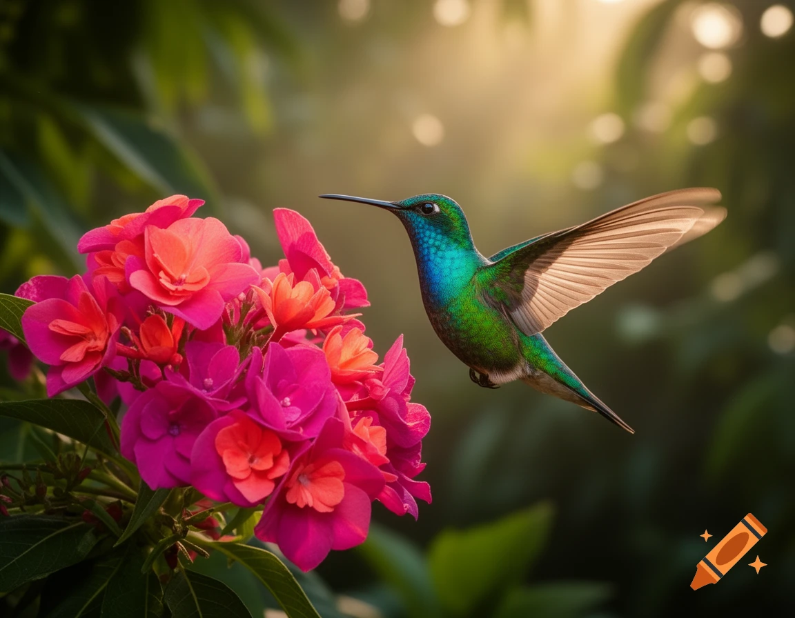 A vibrant green and blue hummingbird hovers next to bright pink and orange flowers in a lush garden, sunlight filtering through.