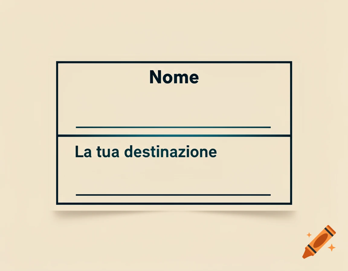 A minimalist beige template with black borders and two text fields, 'Nome' and 'La tua destinazione', each with an underline.