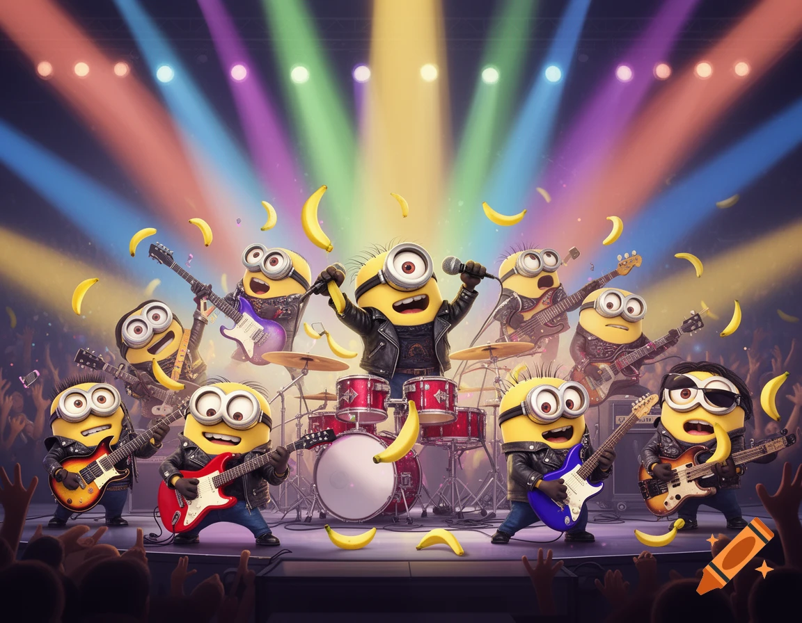 A band of Minions dressed as rock musicians perform on a stage with colorful spotlights, surrounded by falling bananas and an audience.