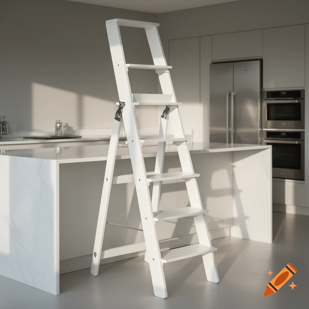 A white, modern step ladder stands in a minimalist kitchen with white countertops and stainless steel appliances.