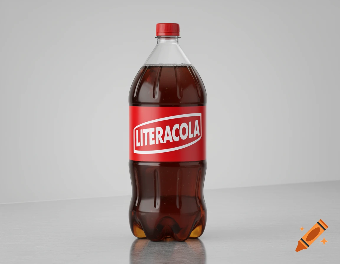 A realistic 3D product shot of a plastic 2-liter cola bottle with a red and white 'LITERACOLA' label, on a clean counter.