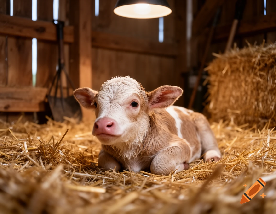 A small, light brown and white calf with wet fur lies curled up in a bed of hay inside a rustic barn, lit by an overhead lamp.