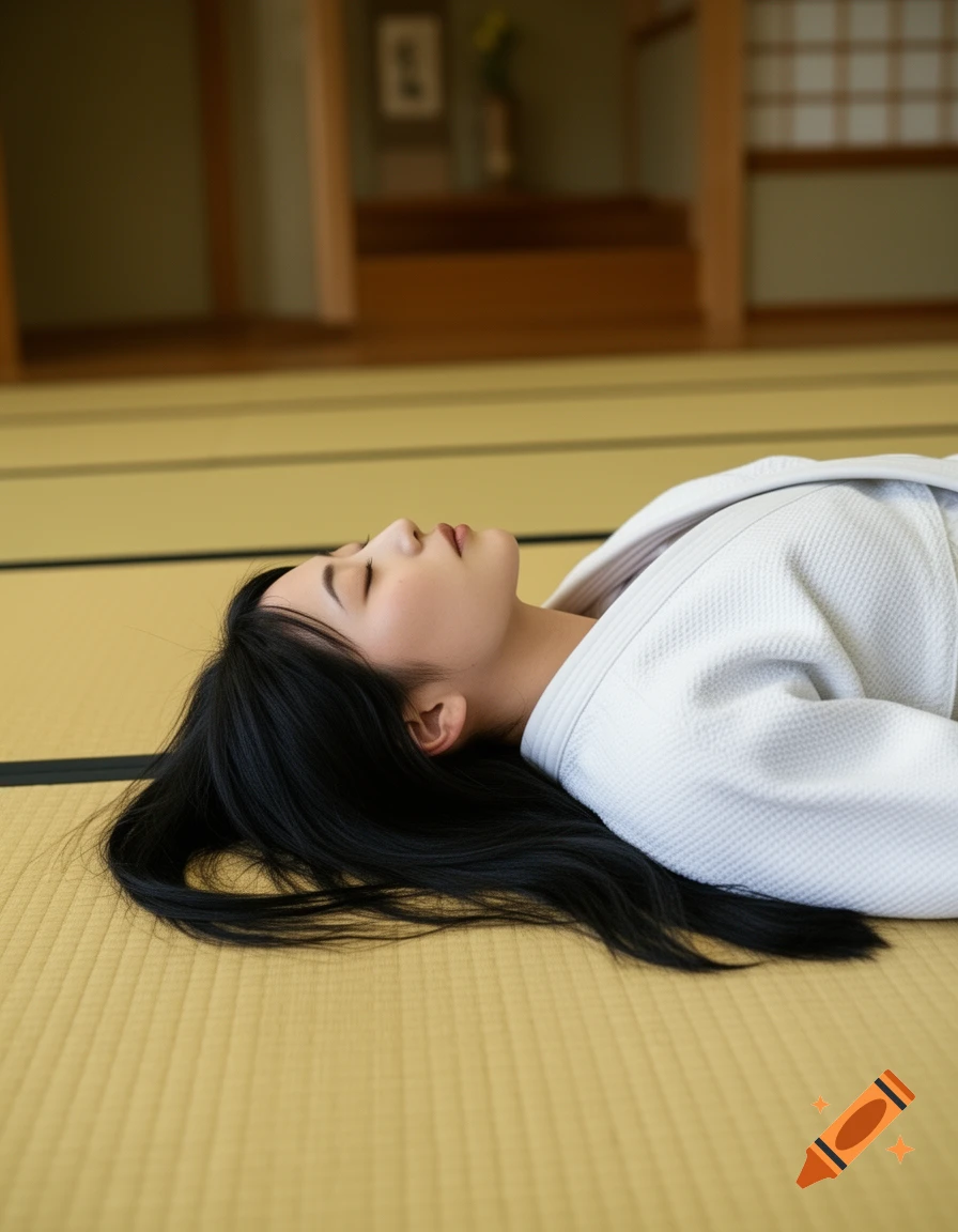 A Japanese woman in a white judogi lies on her back with eyes closed on tatami mats in a traditional room.