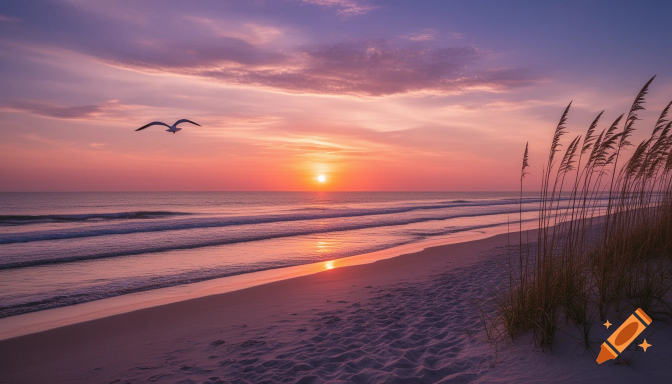Photorealistic image of a vibrant sunset over an ocean beach with a seagull flying and dune grass.