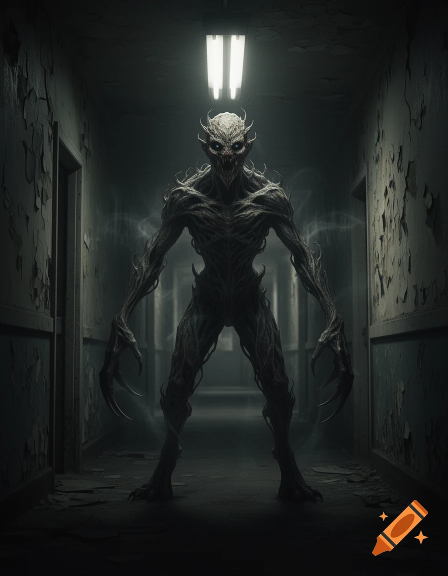 A terrifying, skeletal creature with glowing eyes and long claws stands in a dark, decrepit hallway illuminated by an overhead light.