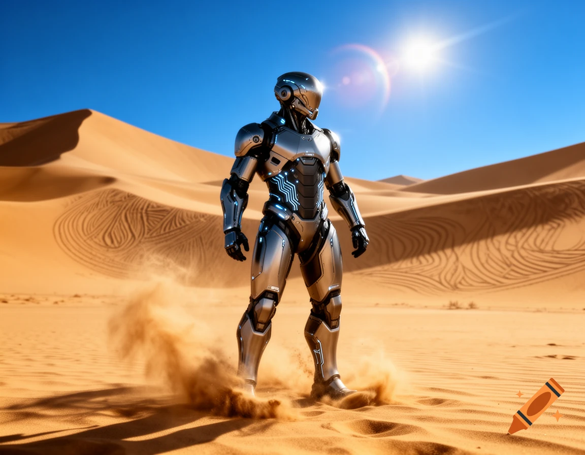 A photorealistic futuristic silver and black robot warrior stands in a vast, sunny desert landscape with sand dunes and kicking up dust.