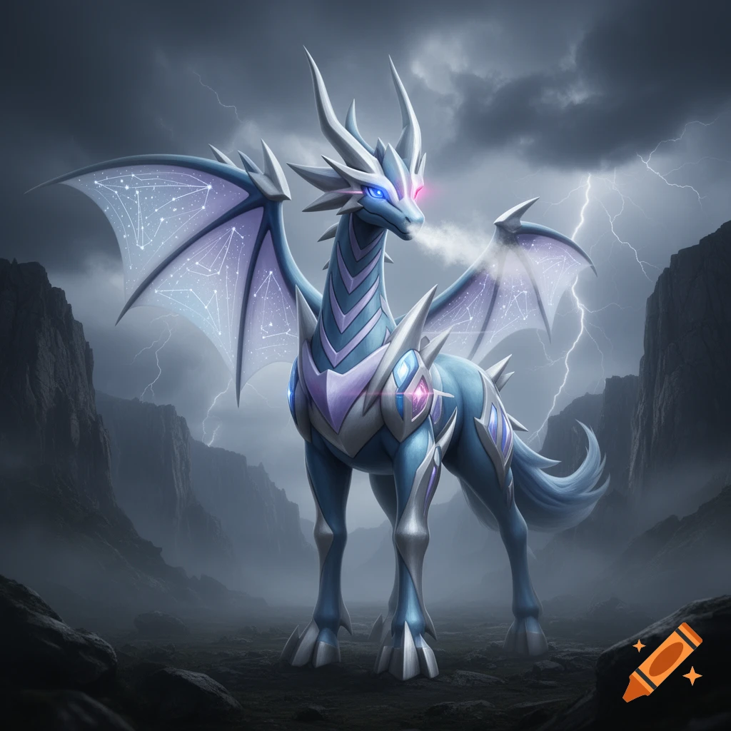 A blue and white draconic centaur-like creature with glowing eyes and star-patterned wings stands in a stormy, rocky landscape with lightning.