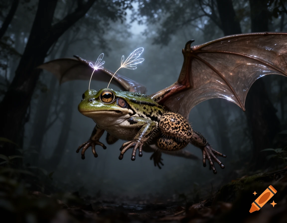 Photorealistic frog-like creature with bat wings and spider-like body parts, glowing feelers, hovering in a dark, misty forest.