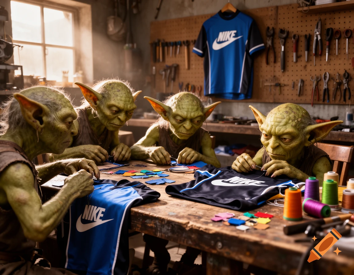 Four hyperrealistic goblin-like creatures sew Nike shirts in a cluttered workshop.