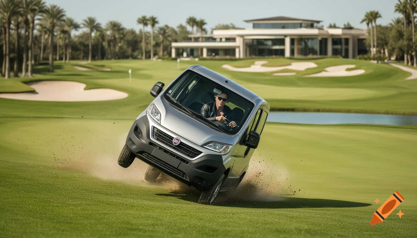 Jean-Claude Van Damme in a silver van drifts on a golf course, kicking up dirt, with palm trees and a building in the background.
