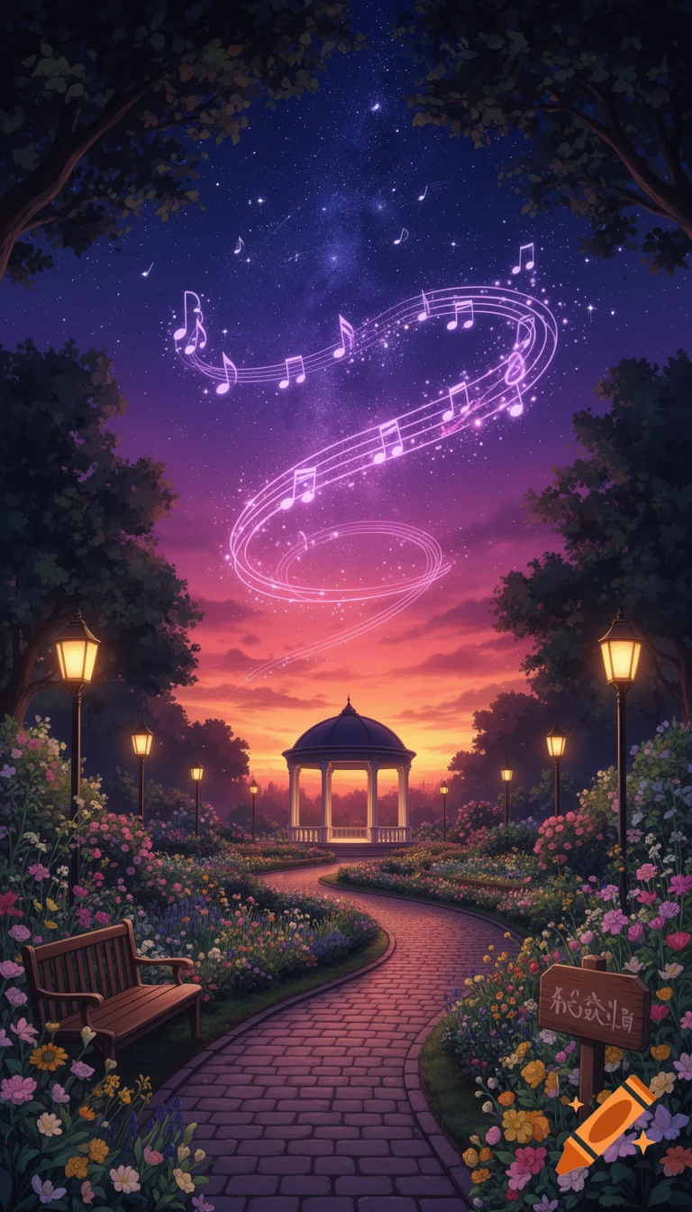 Anime-style magical garden at twilight with a winding path leading to a gazebo, under a starry sky with glowing musical notes.