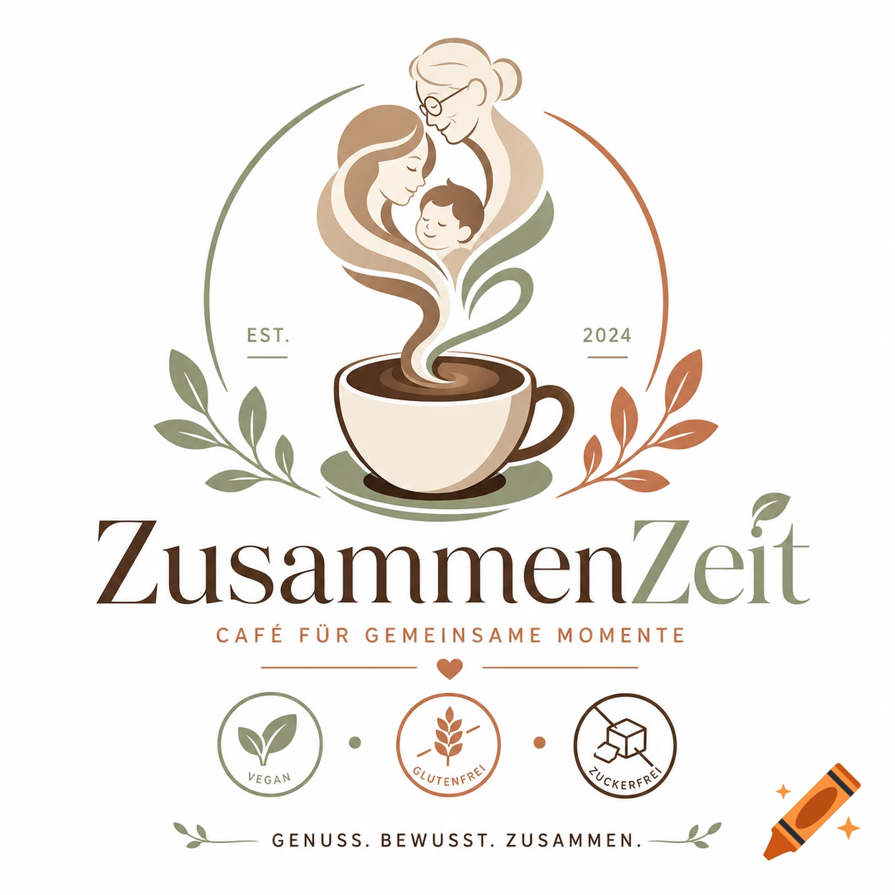 A cafe logo with a coffee cup, steam forming three generations, leaves, and text "ZusammenZeit", "Vegan", "Glutenfrei", "Zuckerfrei".