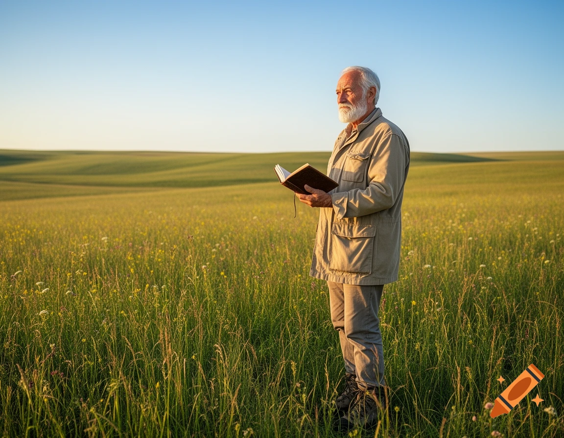 A thoughtful elderly man with a white beard stands in a vast green field, holding an open book under a clear sky.