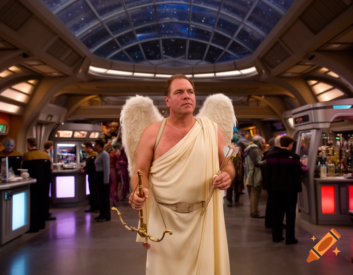 A man dressed as Cupid, with white wings and holding a bow and arrow, stands in the promenade of a futuristic space station.